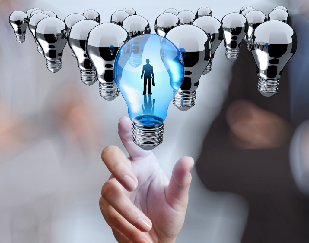 hand reach 3d light bulb of leadership concept.